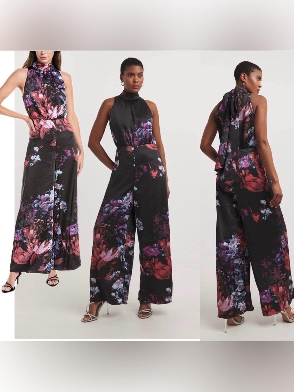 Ted Baker NWOT Black Floral Wide-Leg Halter Jumpsuit